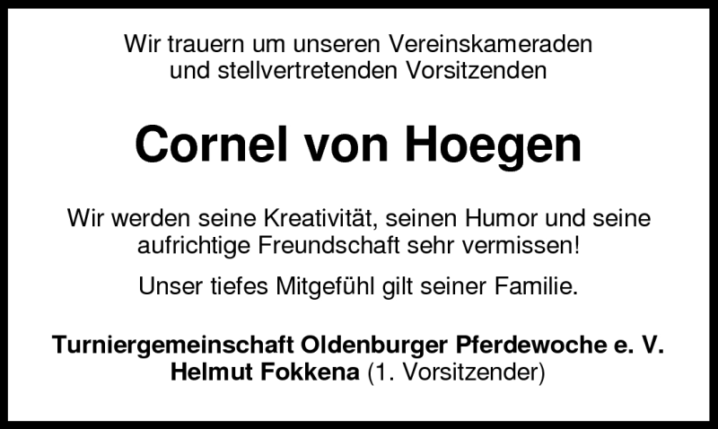  Traueranzeige für Cornel von Hoegen vom 15.12.2010 aus Nordwest-Zeitung