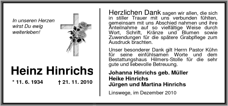  Traueranzeige für Heinz Hinrichs vom 18.12.2010 aus Nordwest-Zeitung