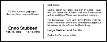 Traueranzeige von Enno Stubben von Nordwest-Zeitung