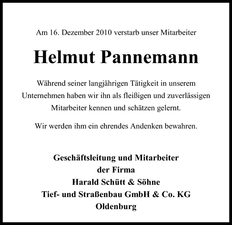  Traueranzeige für Helmut Pannemann vom 22.12.2010 aus Nordwest-Zeitung