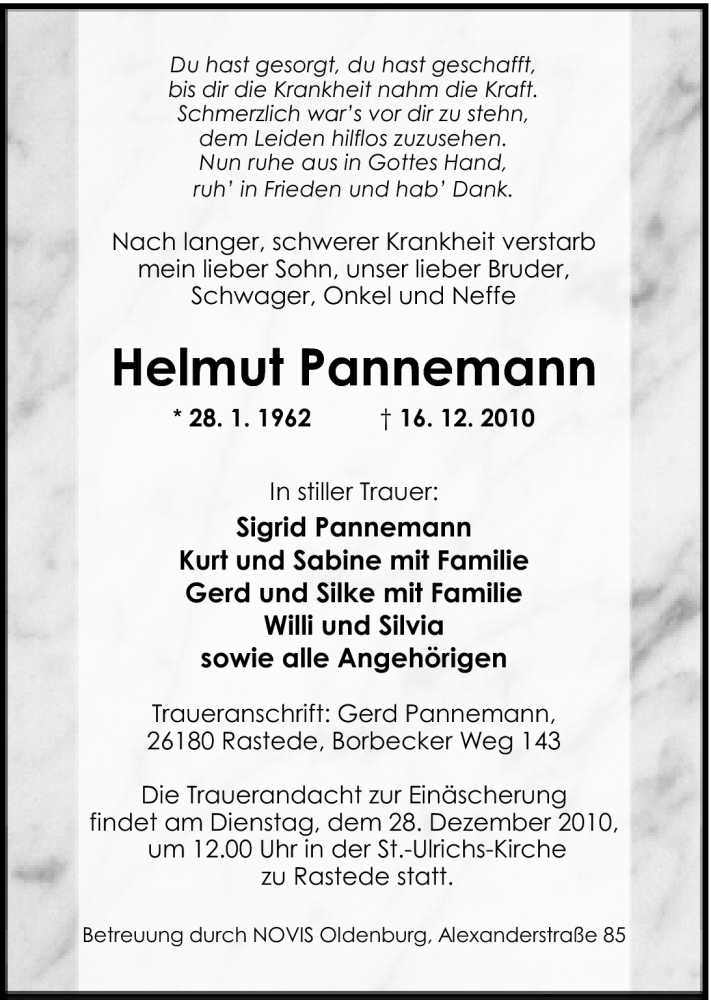  Traueranzeige für Helmut Pannemann vom 22.12.2010 aus Nordwest-Zeitung