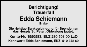 Traueranzeige von Edda Schiemann von Nordwest-Zeitung