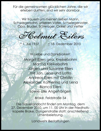 Traueranzeige von Helmut Eilers von Nordwest-Zeitung