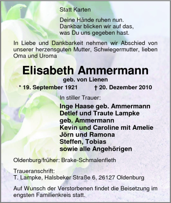 Traueranzeige von Elisabeth Ammermann von Nordwest-Zeitung
