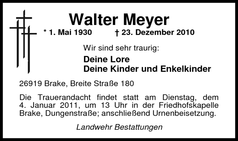  Traueranzeige für Walter Meyer vom 30.12.2010 aus Nordwest-Zeitung