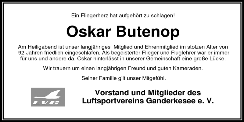  Traueranzeige für Oskar Butenop vom 29.12.2010 aus Nordwest-Zeitung