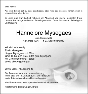 Traueranzeige von Hannelore Mysegaes von Nordwest-Zeitung
