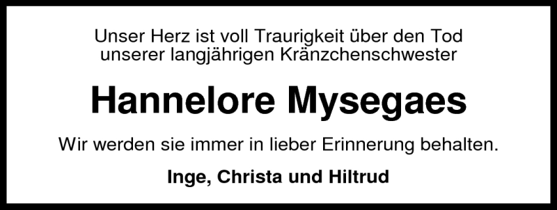  Traueranzeige für Hannelore Mysegaes vom 30.12.2010 aus Nordwest-Zeitung