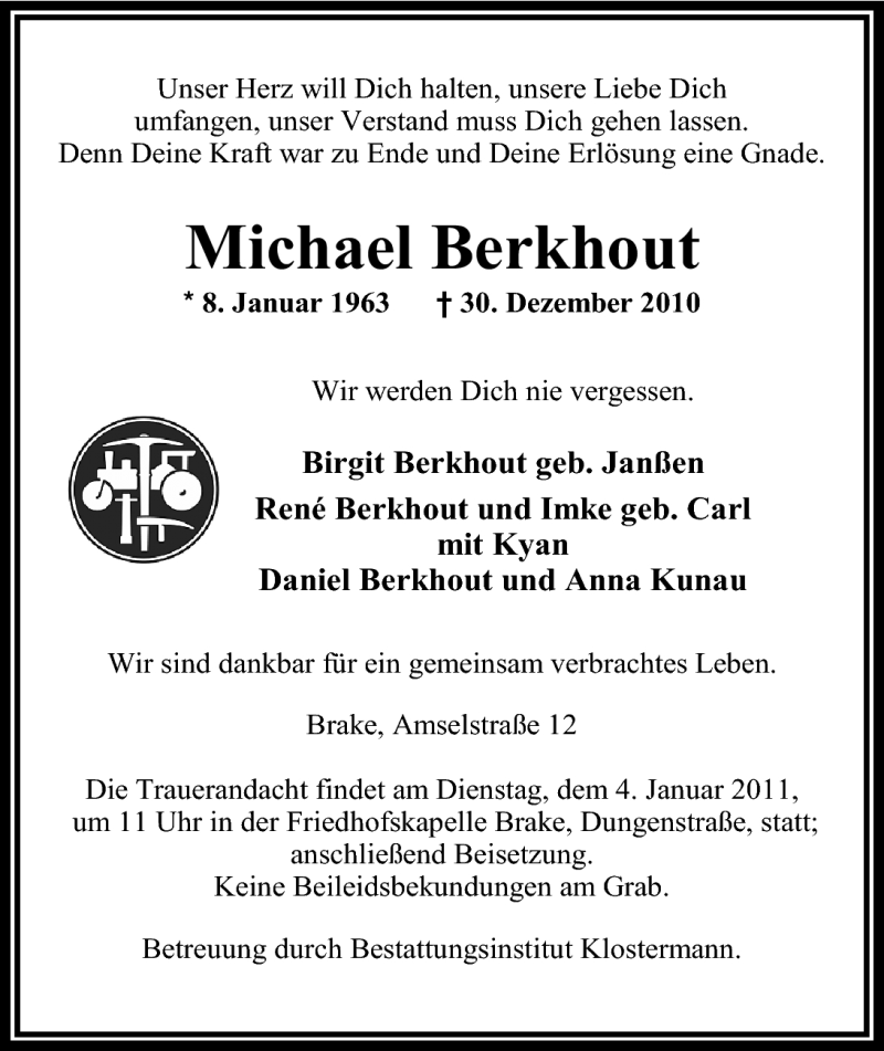  Traueranzeige für Michael Berkhout vom 03.01.2011 aus Nordwest-Zeitung