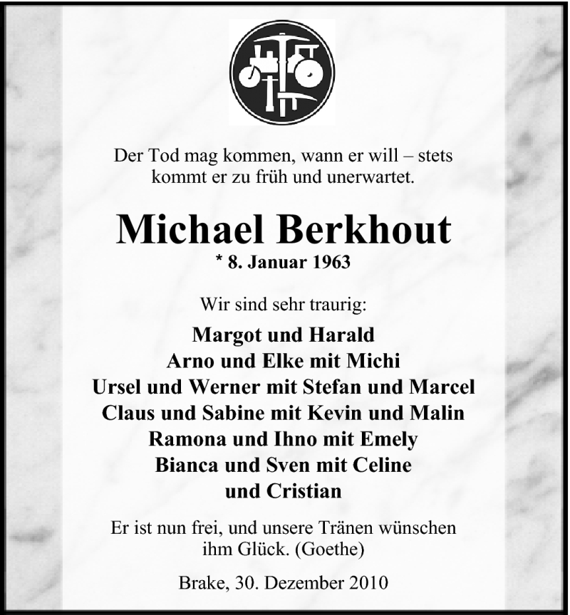  Traueranzeige für Michael Berkhout vom 31.12.2010 aus Nordwest-Zeitung