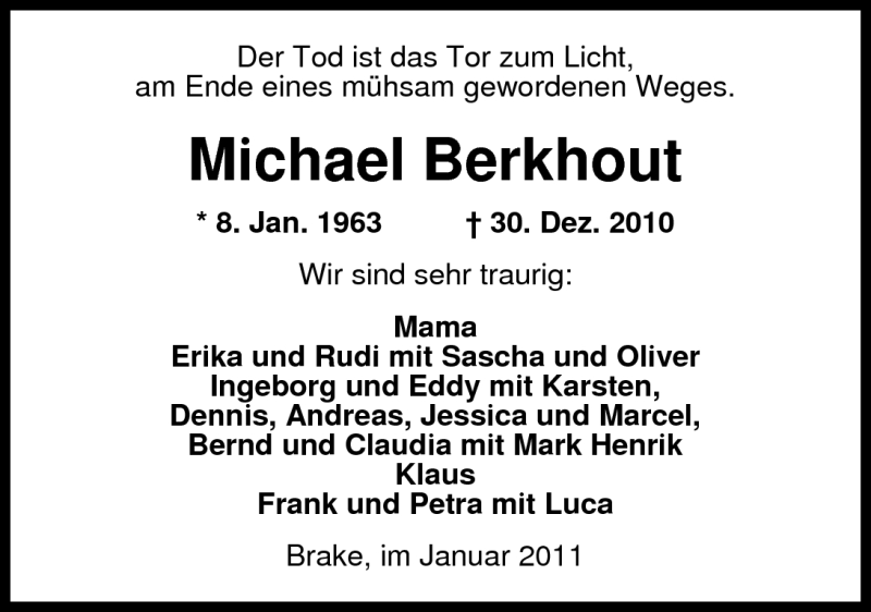  Traueranzeige für Michael Berkhout vom 03.01.2011 aus Nordwest-Zeitung