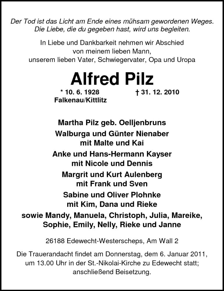  Traueranzeige für Alfred Pilz vom 03.01.2011 aus Nordwest-Zeitung