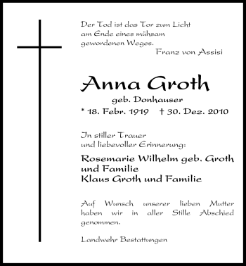 Traueranzeige von Anna Groth von Nordwest-Zeitung
