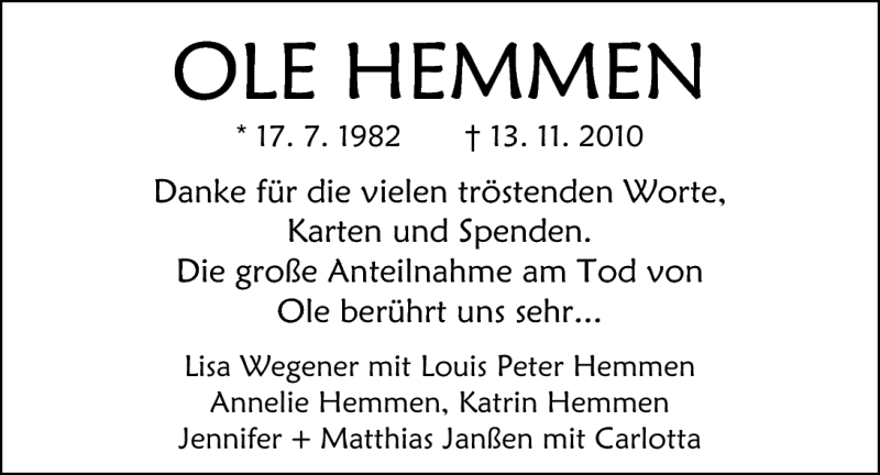  Traueranzeige für Ole Hemmen vom 08.01.2011 aus Nordwest-Zeitung