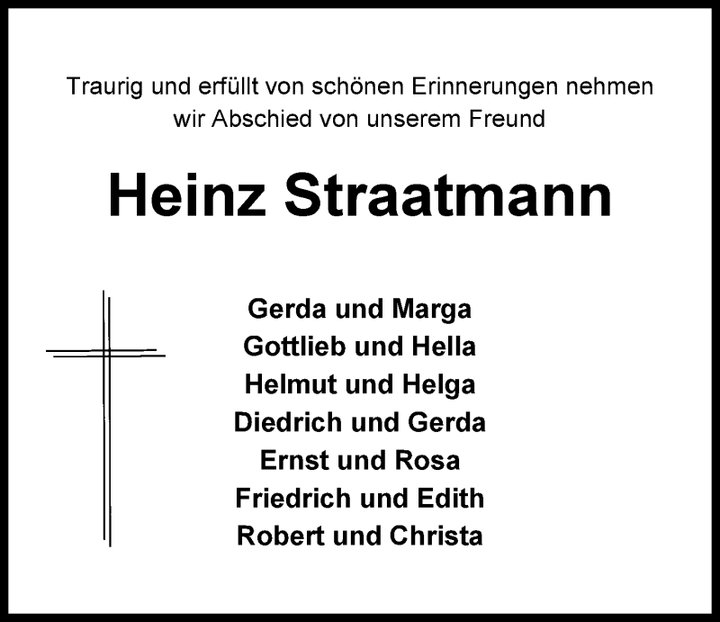  Traueranzeige für Heinz Straatmann vom 02.02.2015 aus Nordwest-Zeitung