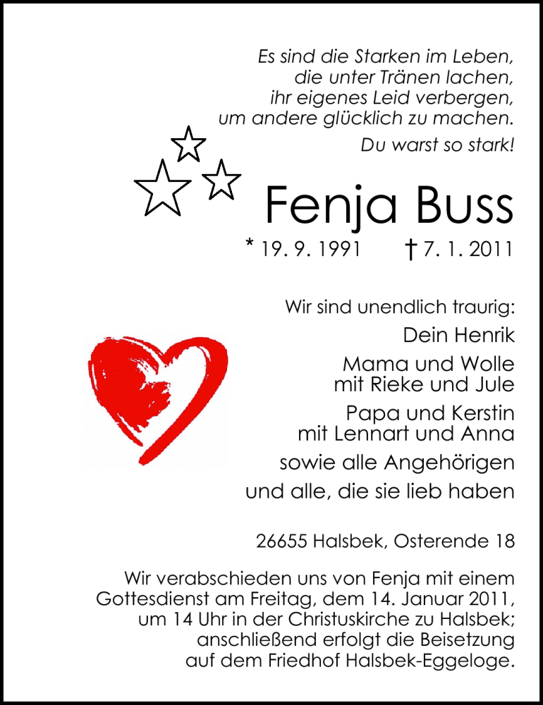  Traueranzeige für Fenja Buss vom 09.01.2011 aus Nordwest-Zeitung