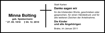 Traueranzeige von Minna Bolting von Nordwest-Zeitung