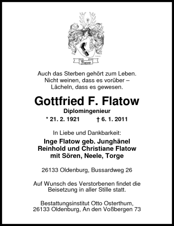 Traueranzeige von Gottfried Flatow von Nordwest-Zeitung