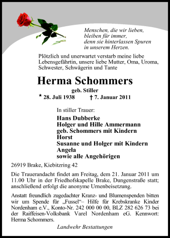 Traueranzeige von Herma Schommers von Nordwest-Zeitung