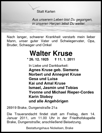 Traueranzeige von Walter Kruse von Nordwest-Zeitung