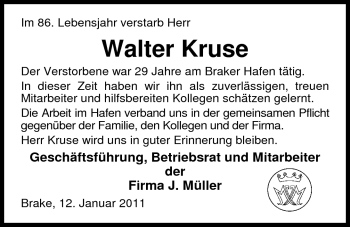Traueranzeige von Walter Kruse von Nordwest-Zeitung