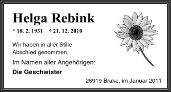 Traueranzeige von Helga Rebink von Nordwest-Zeitung