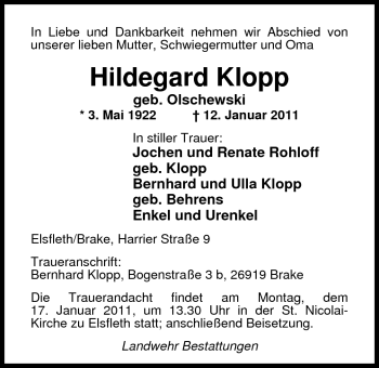 Traueranzeige von Hildegard Klopp von Nordwest-Zeitung