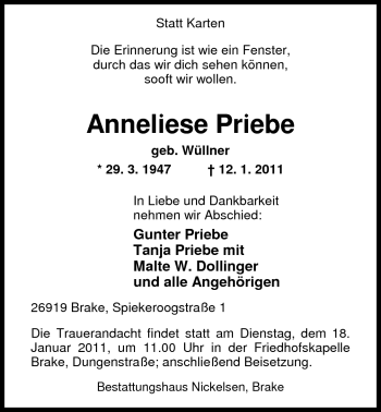 Traueranzeige von Anneliese Priebe von Nordwest-Zeitung