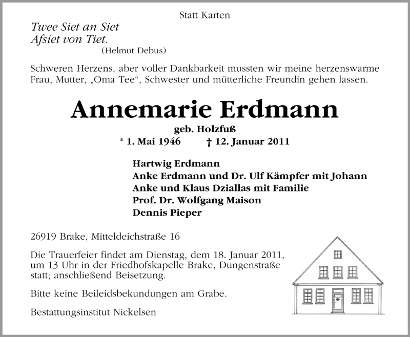  Traueranzeige für Annemarie Erdmann vom 15.01.2011 aus Nordwest-Zeitung