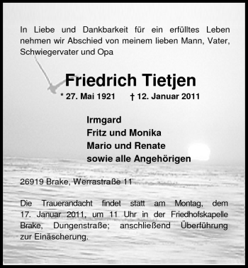 Traueranzeige von Friedrich Tietjen von Nordwest-Zeitung