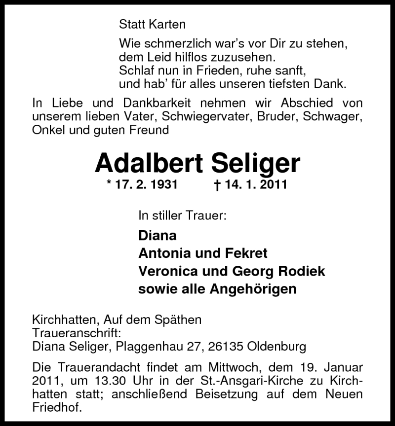  Traueranzeige für Adalbert Seliger vom 17.01.2011 aus Nordwest-Zeitung