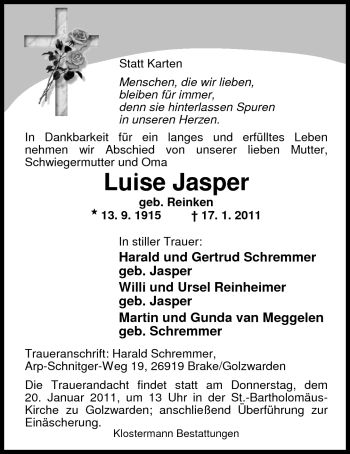 Traueranzeige von Luise Jasper von Nordwest-Zeitung