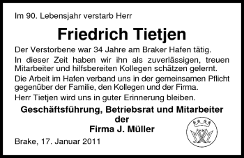 Traueranzeige von Friedrich Tietjen von Nordwest-Zeitung
