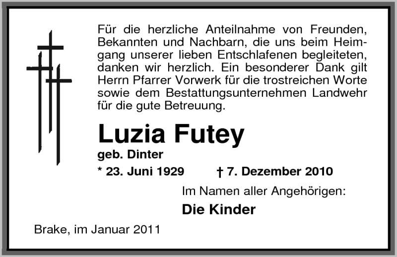  Traueranzeige für Luzia Futey vom 22.01.2011 aus Nordwest-Zeitung