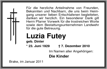 Traueranzeige von Luzia Futey von Nordwest-Zeitung