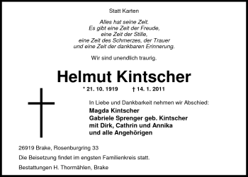 Traueranzeige von Helmut Kintscher von Nordwest-Zeitung