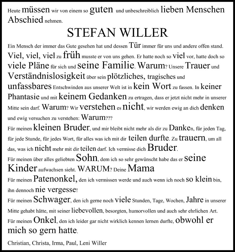  Traueranzeige für Stefan Willer vom 19.01.2011 aus Nordwest-Zeitung