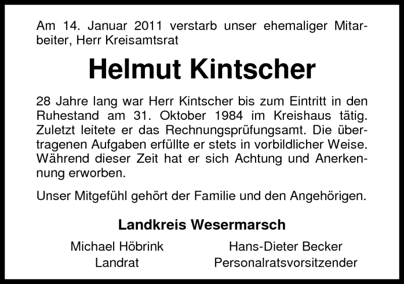  Traueranzeige für Helmut Kintscher vom 20.01.2011 aus Nordwest-Zeitung