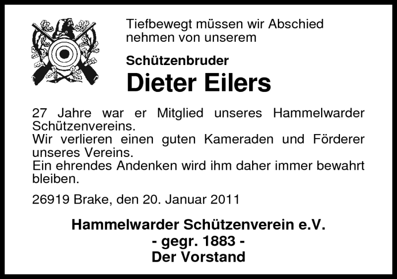  Traueranzeige für Dieter Eilers vom 21.01.2011 aus Nordwest-Zeitung