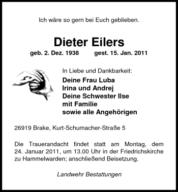 Traueranzeige von Dieter Eilers von Nordwest-Zeitung