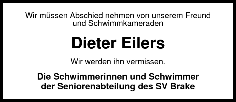  Traueranzeige für Dieter Eilers vom 21.01.2011 aus Nordwest-Zeitung