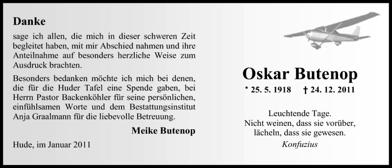  Traueranzeige für Oskar Butenop vom 24.01.2011 aus Nordwest-Zeitung