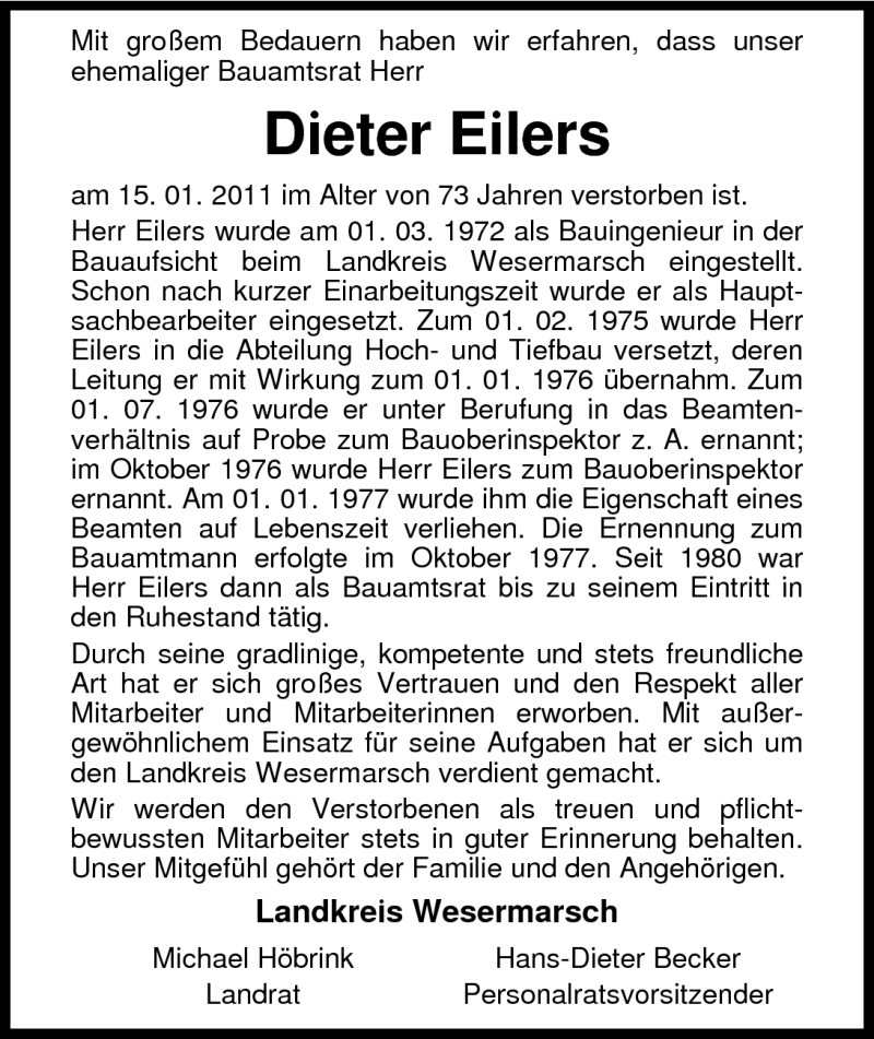  Traueranzeige für Dieter Eilers vom 22.01.2011 aus Nordwest-Zeitung
