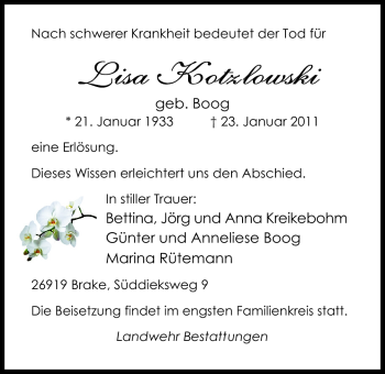 Traueranzeige von Lisa Kotzlowski von Nordwest-Zeitung