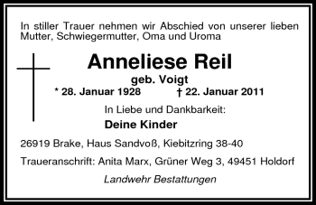 Traueranzeige von Anneliese Reil von Nordwest-Zeitung