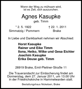 Traueranzeige von Agnes Kasupke von Nordwest-Zeitung