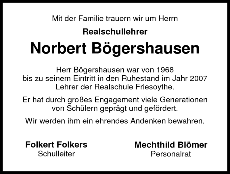  Traueranzeige für Norbert Bögershausen vom 26.01.2011 aus Nordwest-Zeitung