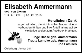 Traueranzeige von Elisabeth Ammermann von Nordwest-Zeitung