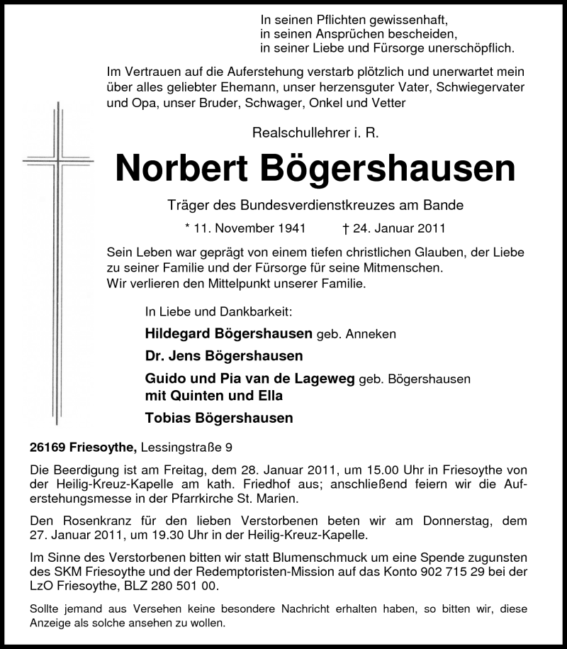  Traueranzeige für Norbert Bögershausen vom 26.01.2011 aus Nordwest-Zeitung