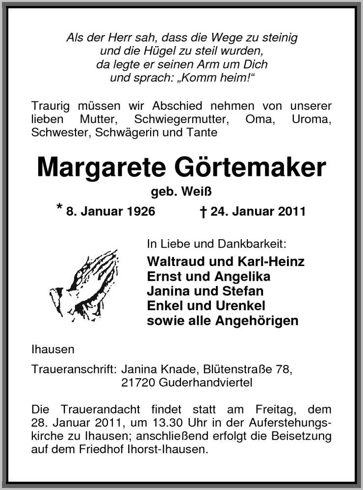  Traueranzeige für Margarete Görtemaker vom 26.01.2011 aus Nordwest-Zeitung